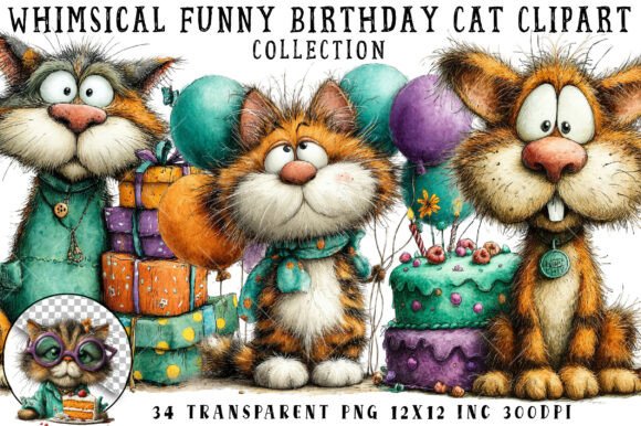 Download Whimsical Funny Birthday Cat Clipart - Funny Collection